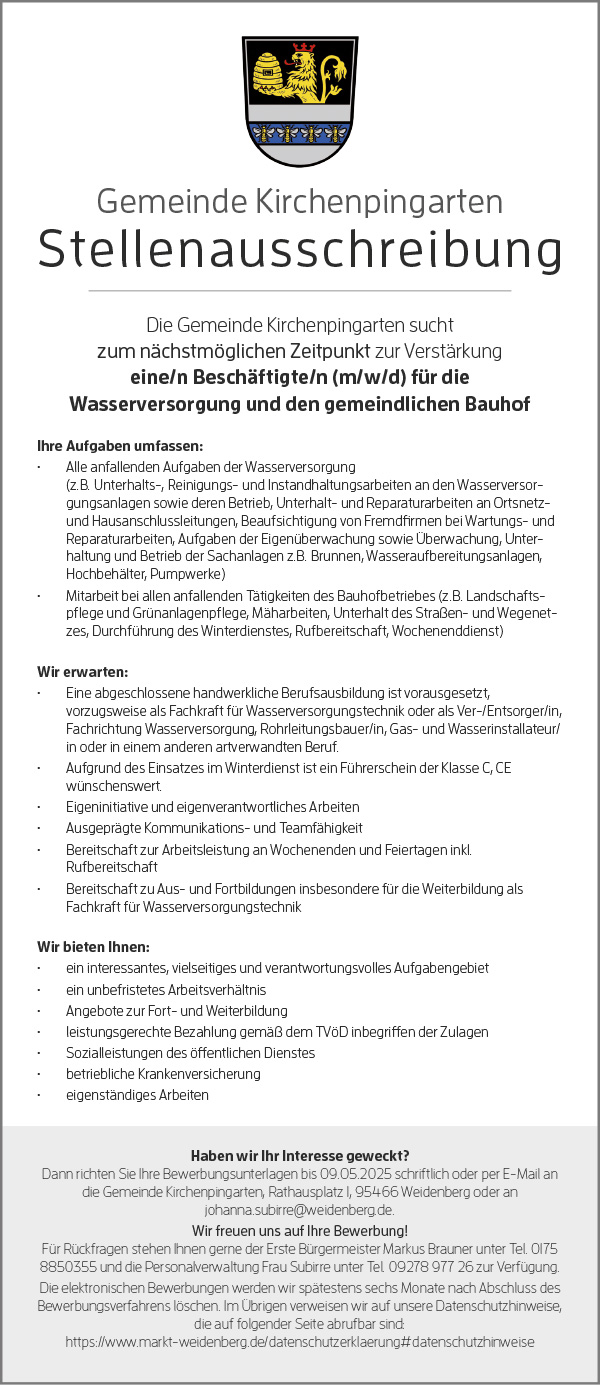 Stellenanzeige Wasserwart Kirchenpingarten